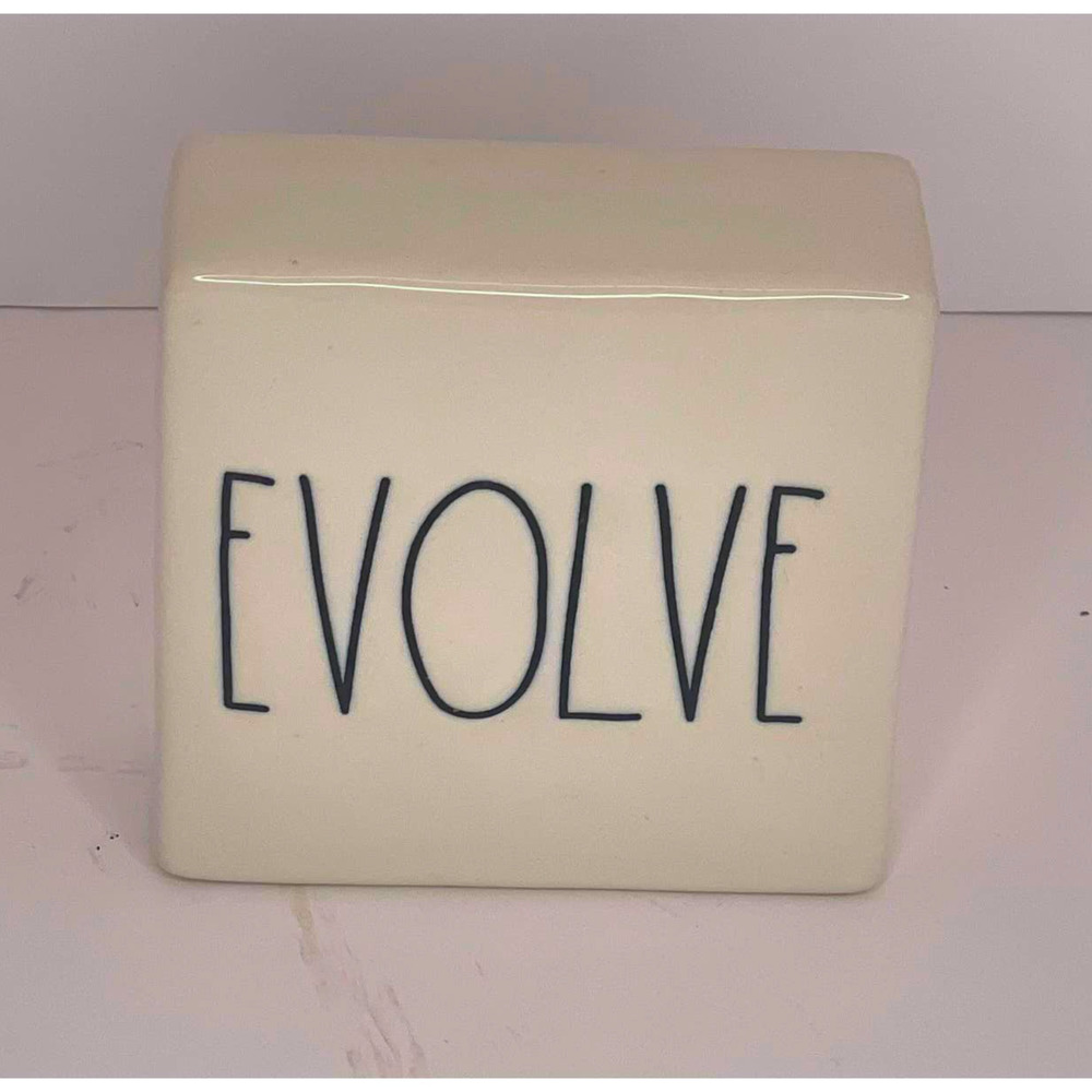 Rae Dunn EVOLVE THINK Ivory Ceramic Decor Block Paperweight Magenta